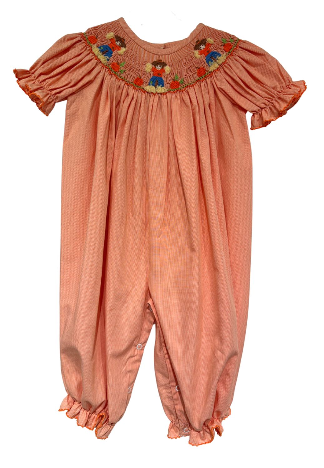 GIRLS ORANGE SMOCKED SCARECROW SS BISHOP ROMPER
