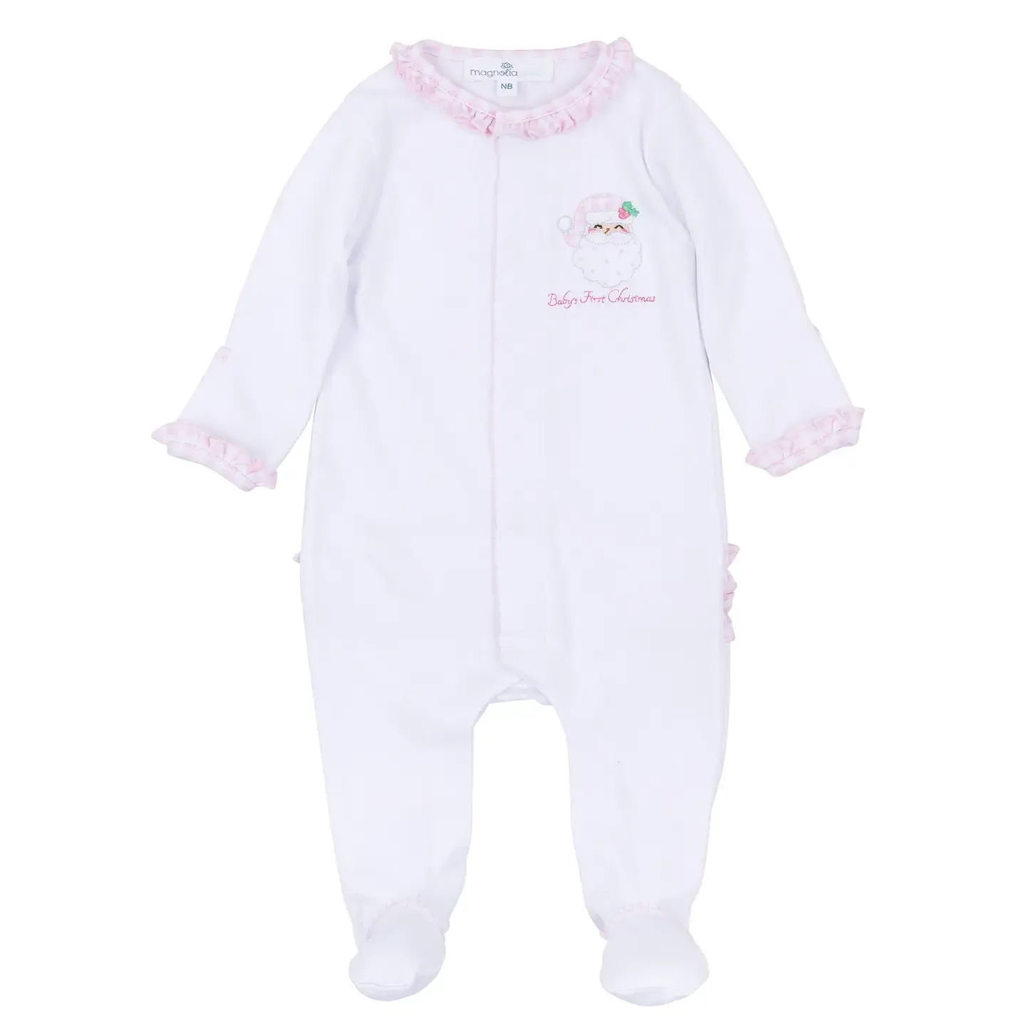 SWEET ST NICK BABY'S FIRST CHRISTMAS RUFFLE FOOTIE- LIGHT PINK