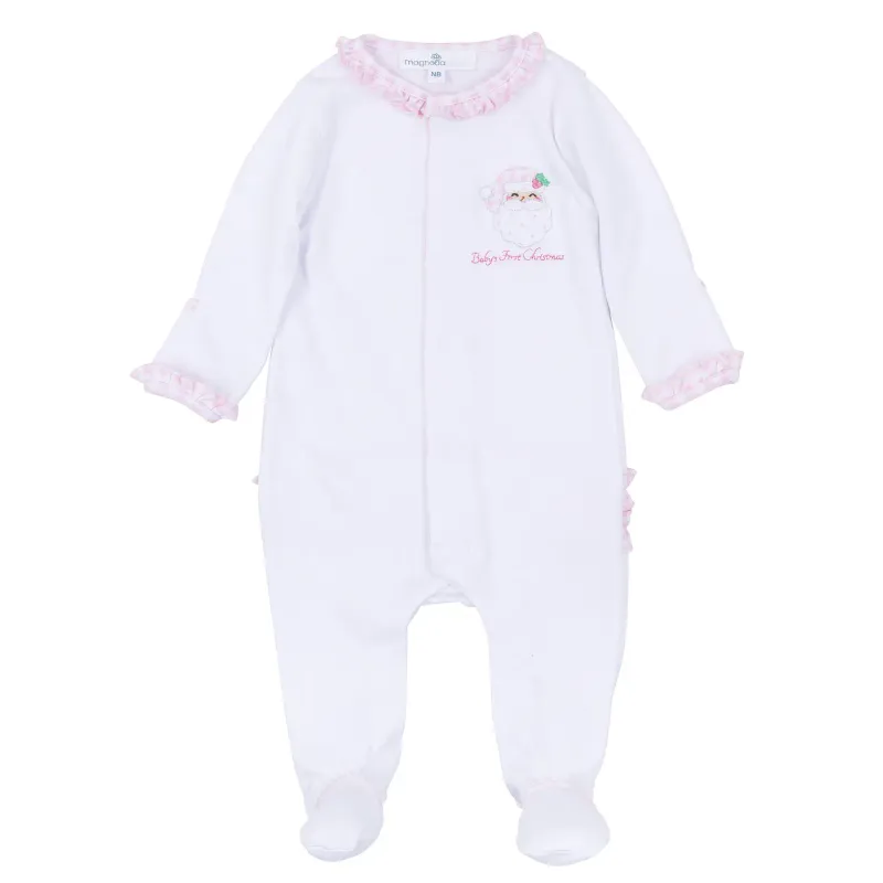 SWEET ST NICK BABY'S FIRST CHRISTMAS RUFFLE FOOTIE- LIGHT PINK