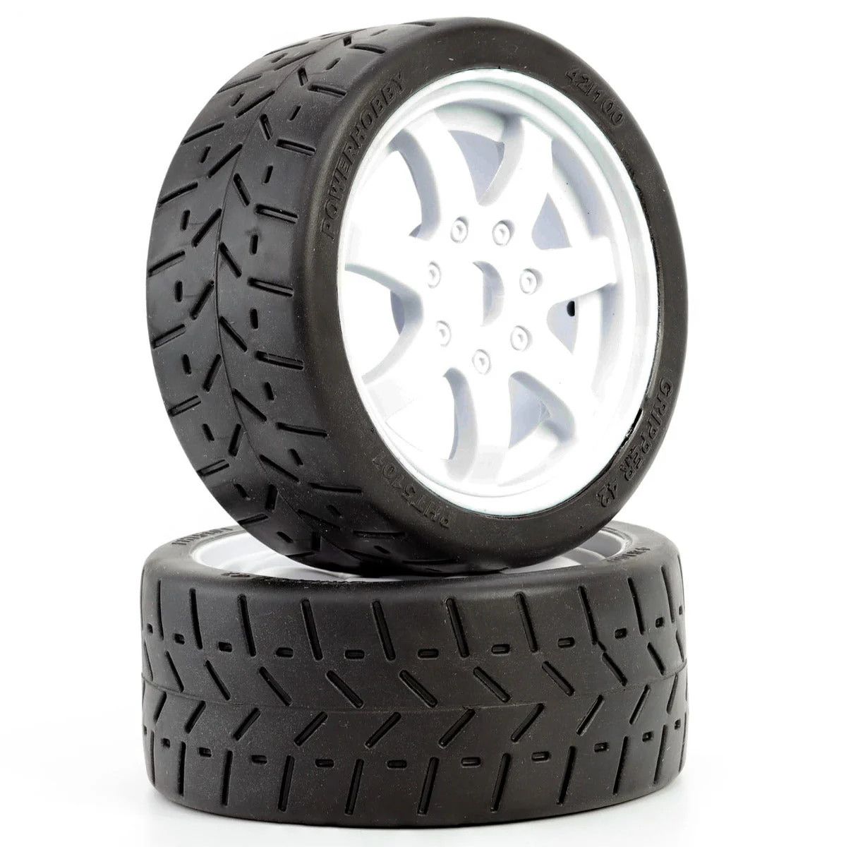 PHT5101-White Powerhobby 1/8 Gripper 42/100 Belted Mounted Tires 17mm White Wheels