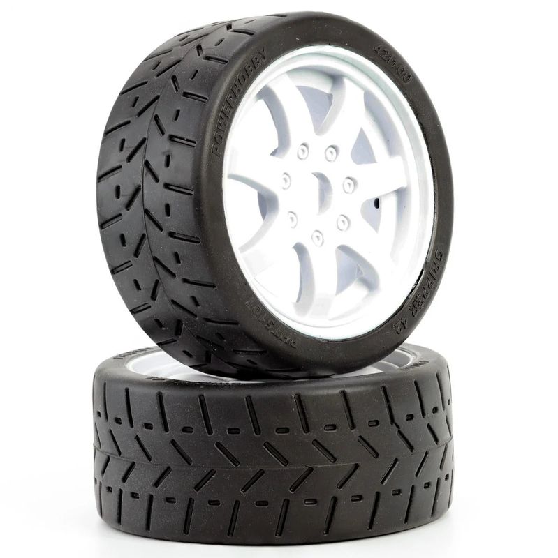 PHT5101-White Powerhobby 1/8 Gripper 42/100 Belted Mounted Tires 17mm White Wheels