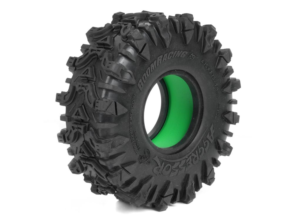 BRTR19009-S-RM Boom Racing AGGRESSOR™ 1.9" GEKKO™ RED 4.75"x1.75" 120x44.5mm RC Crawler Tire + Rock Monster™ Green Foam Insert (2)