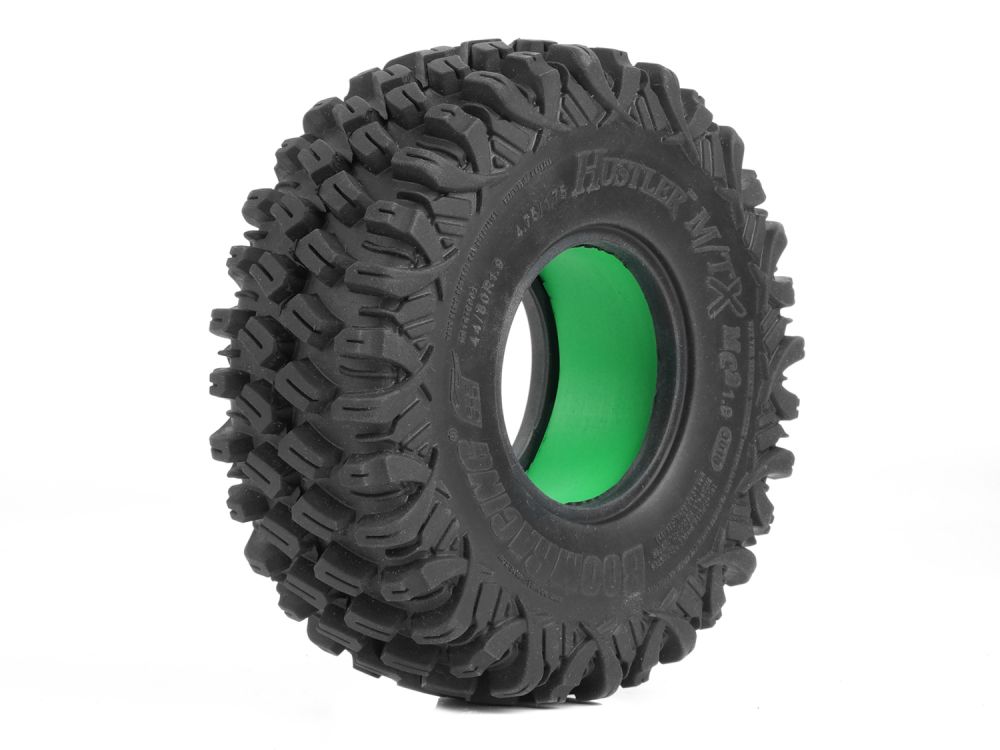 BRTR19002-SS-RM Boom Racing HUSTLER™ M/T Xtreme 1.9" MC2 SNAIL SLIME™ Super Soft 4.75"x1.75" / 120x44.5mm RC Crawler Tire + Rock Monster™ Green Foam Insert (2)