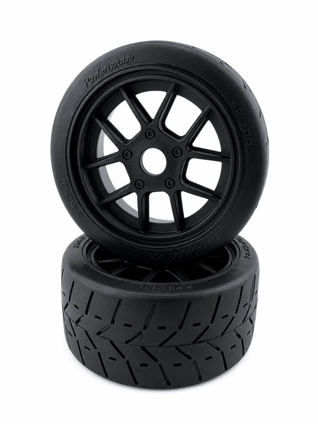 PHT5101-Black V2 Powerhobby 1/8 Gripper 42/100 Belted Mounted Tires 17mm Black Wheels V2