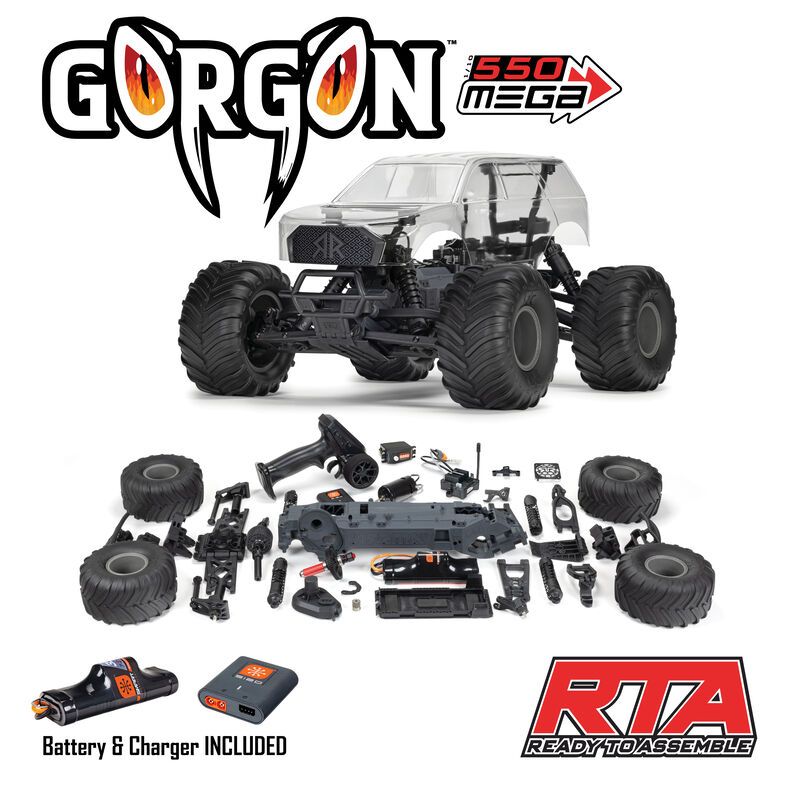 ARA3230SKT2 1/10 GORGON 2WD RTA Kit Brushed Monster Truck (Battery &amp; Charger Included), Clear