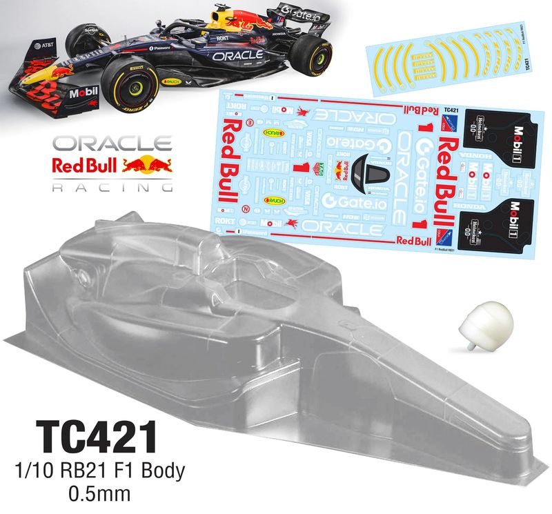 TC421 1/10 F1 RB21 BODY W/COLOR STICKER (0.5MM) TC421 1/10 RB21 F1 Body, 0.5mm Clear Lexan Body Incl: Driver RB21 Decal Shee
