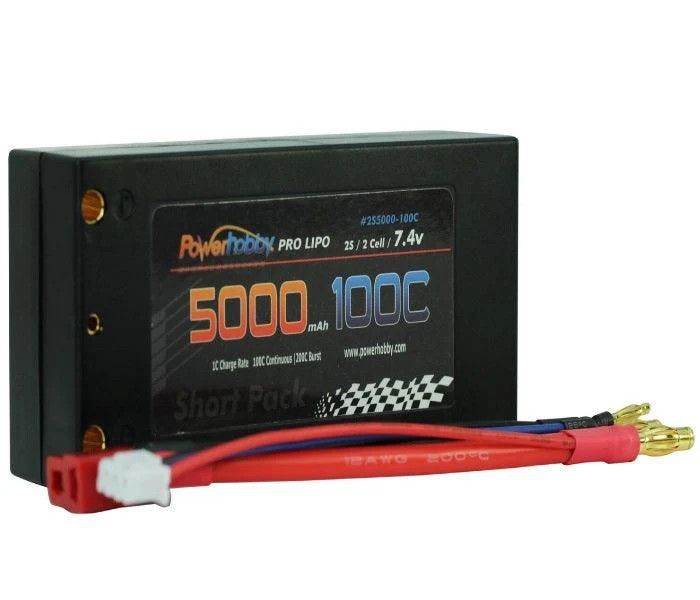 PHB2S5000100CDNS PowerHobby 2S 7.4V 5000mAh 100C Shorty Lipo Battery w 4mm Bullet Connectors