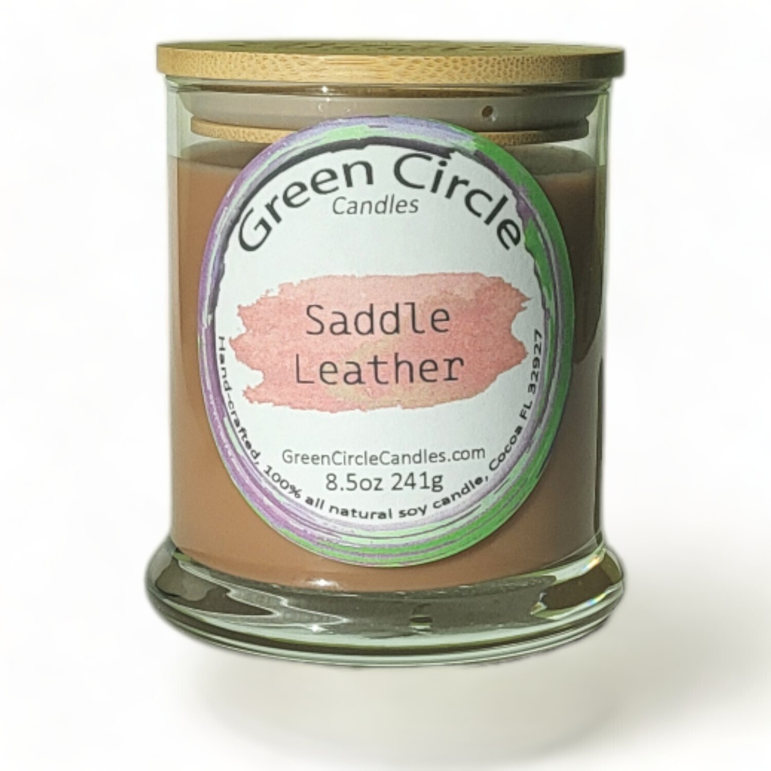 Saddle Leather | Soy Wax Candle | 12oz Wide Bottom Jar, Bamboo Lid
