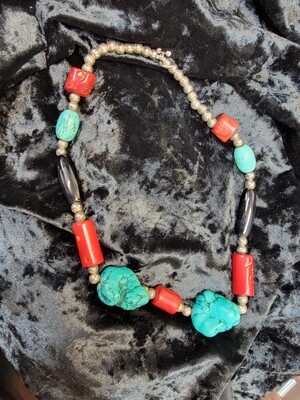 Turquoise, Red Coral, Black Coral and Sterling Silver Beads Necklace