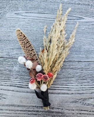 Dried grass and feather boutonniere - no flowers