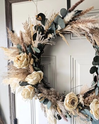 14 in, natural grapevine wreath, fully wrapped in dried eucalyptus, pampas and natural grasses , * no faux florals.
