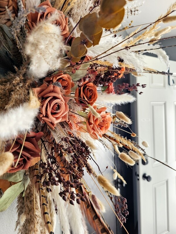 [Custom].shipping available. Terracotta and pheasant feathers. Pampas Arch Arrangement - Single, Large ( with faux flowers)
