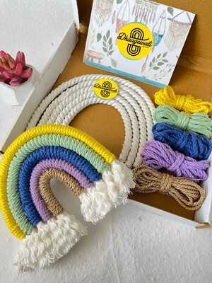 Vibrant DIY Macrame Rainbow Kit with colorful cotton cords and MDF base