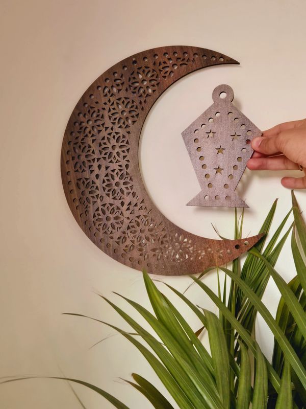 Handcrafted Moon with Ornament Wood Cutout Decor