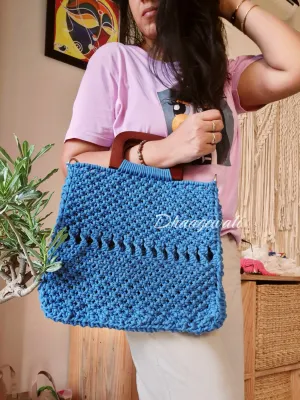 Handmade Macrame Cotton Daily Bag with Wooden Handle