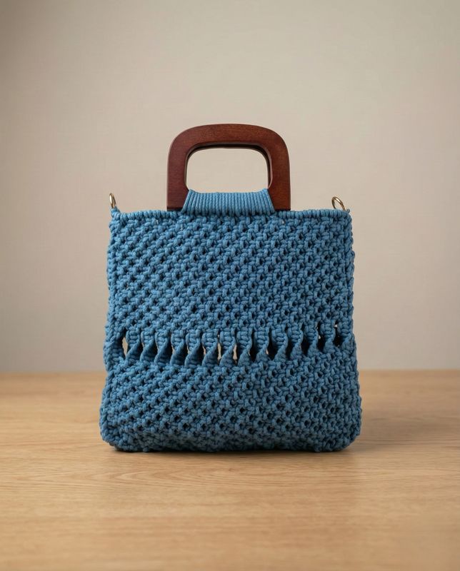 Handmade Macrame Cotton Daily Bag with Wooden Handle