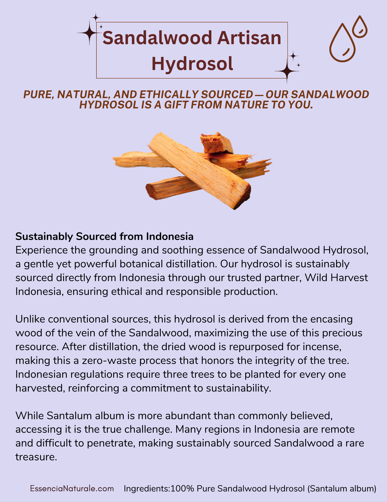 Sandalwood (Santalum album) Hydrosol- Artisan Distilled