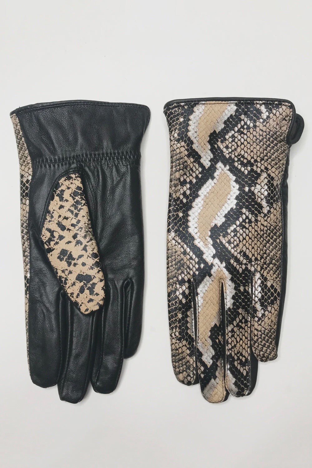 Beige leather snake print gloves