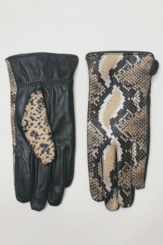 Beige leather snake print gloves
