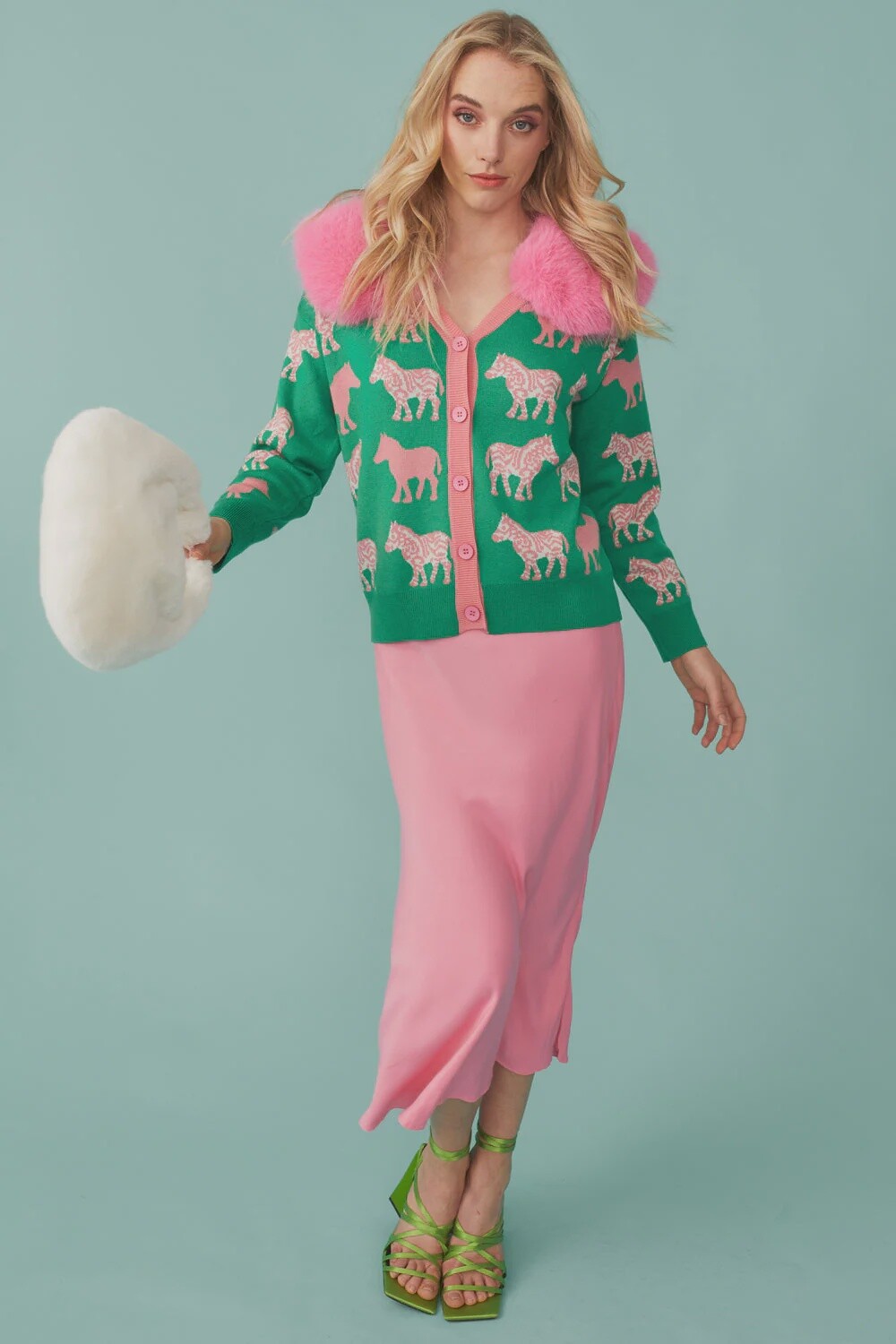 Green Banana Peel zebra cardigan with. Detachable Collar