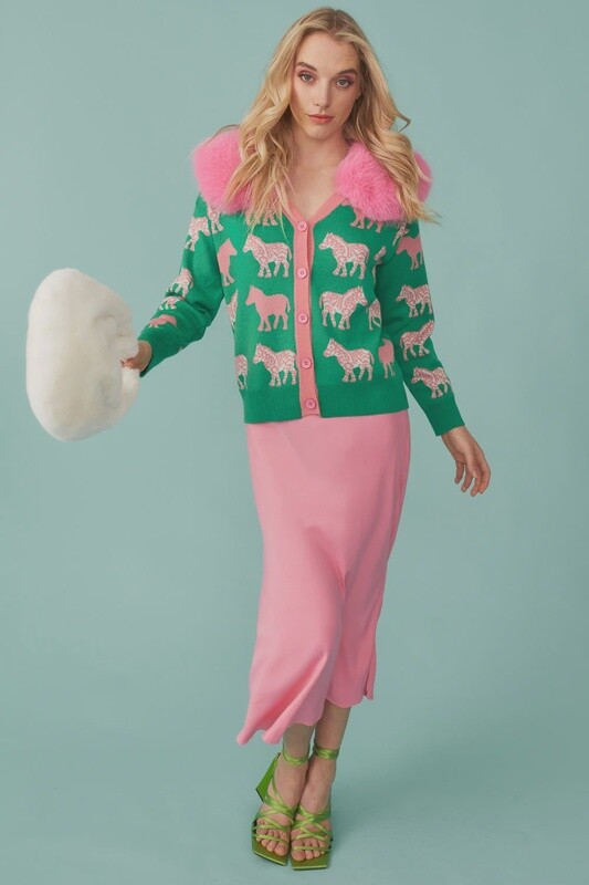 Green Banana Peel zebra cardigan with. Detachable Collar