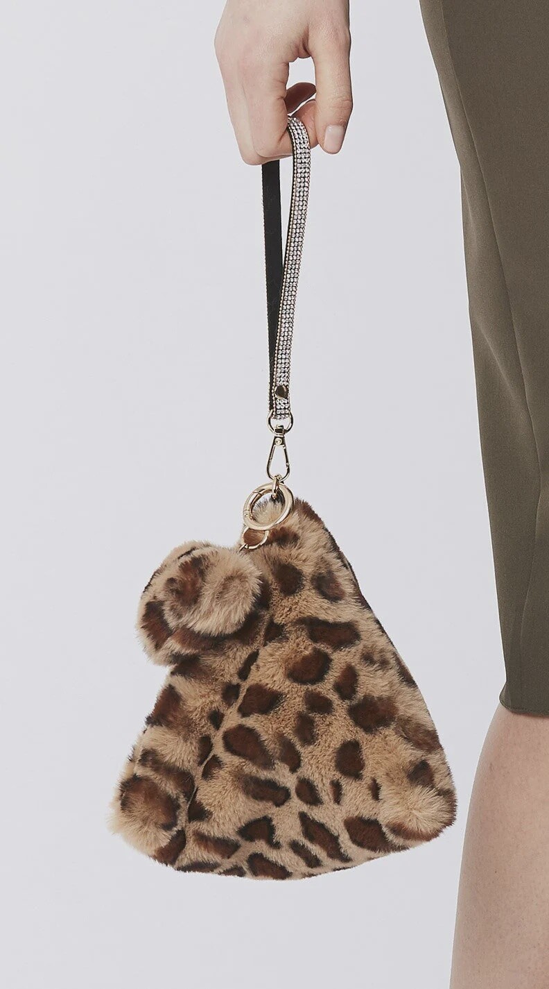 Brown leopard print faux fur pyramid clutch bag