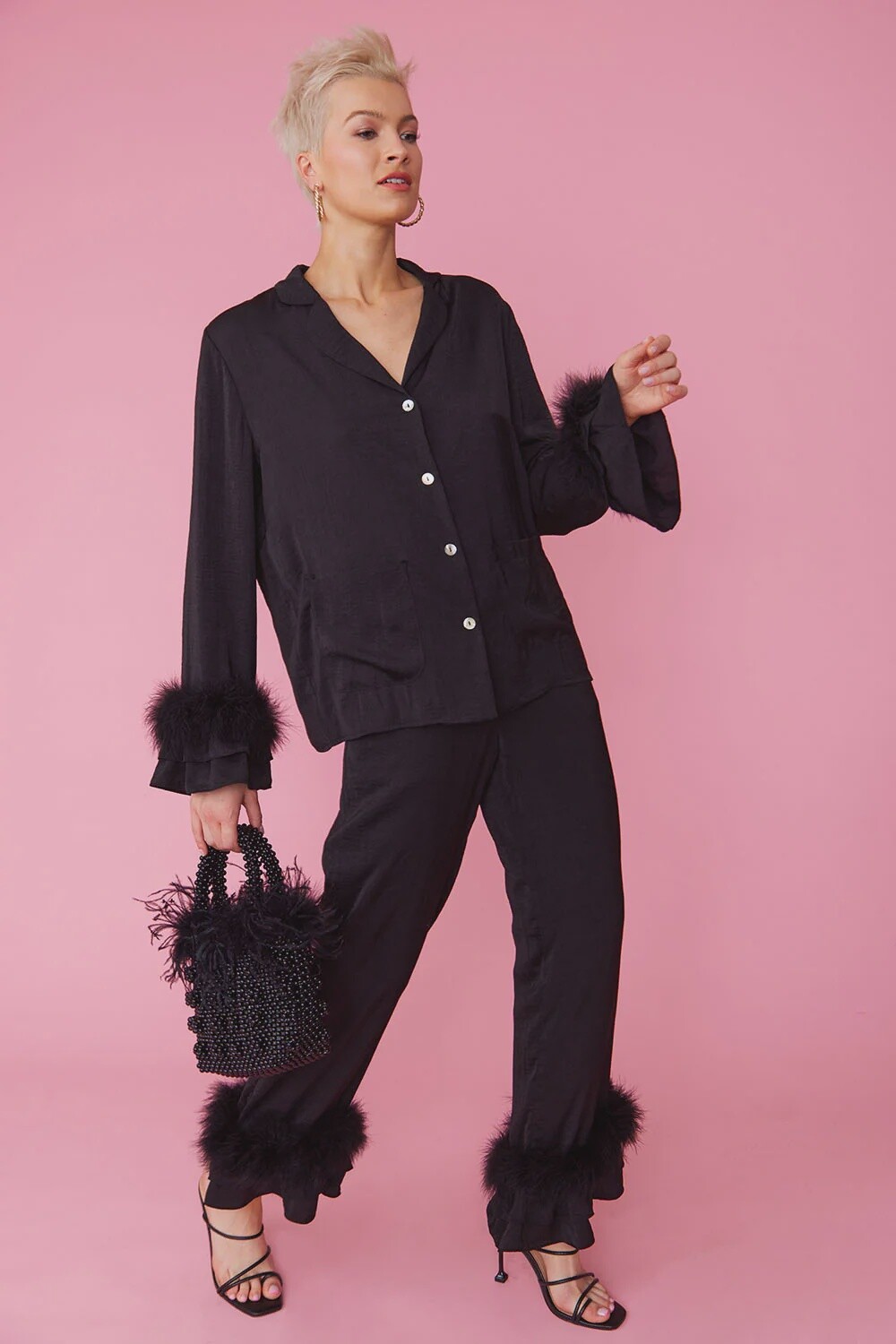 Black Silk Blend Faux Feather Set