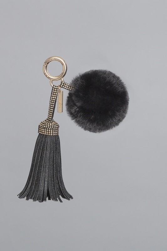 Faux Fur Faux Suede Pom Pom Charm, Colour: Black