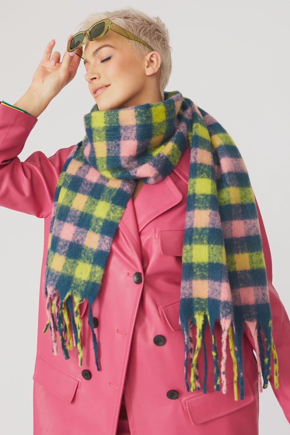 Yellow pink Multi Check Cashmere Blend Scarf