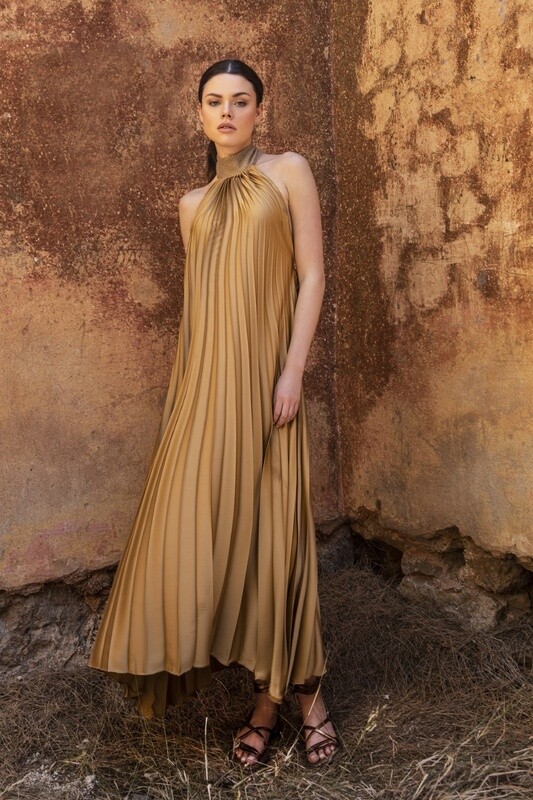 Satin Pleated Midi Dress bronze