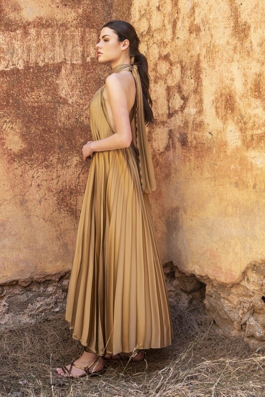 Satin Pleated Midi Dress bronze