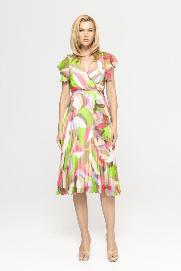 Multi Print Pleated Midi Dress