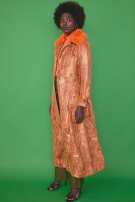 Orange Faux Leather Snakeskin Print Trench Coat