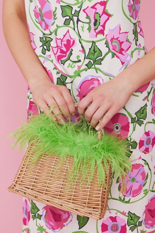 Green Hand Made Salines Straw Bag with Feather Trim