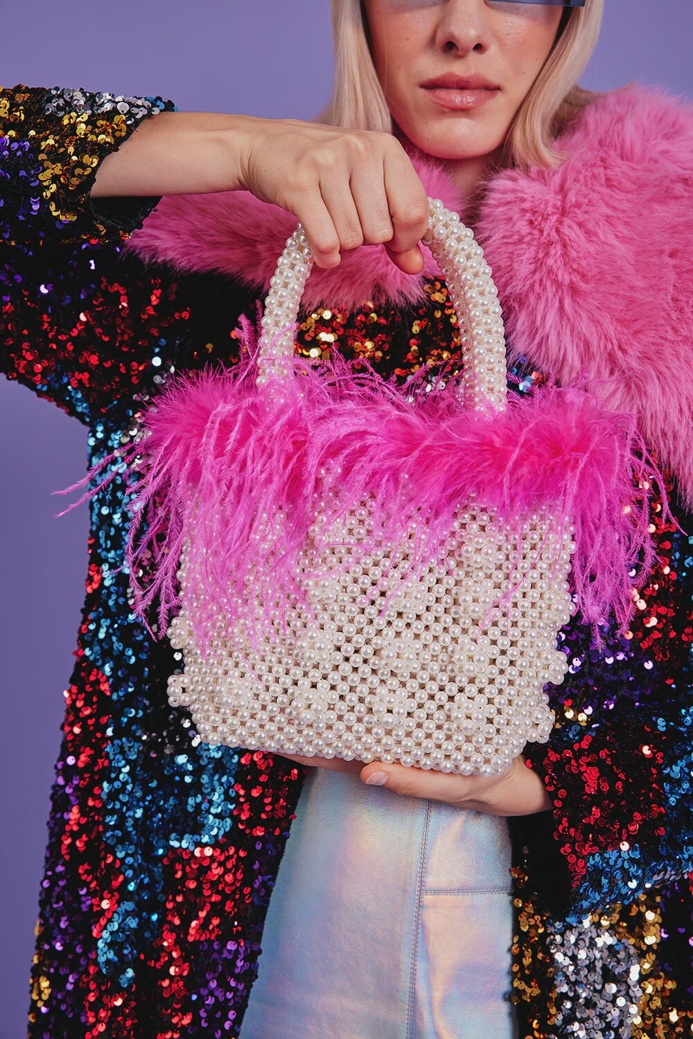 Pink  Feather Hand Woven Faux Pearl Bag