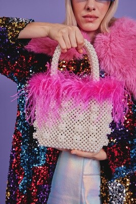 Pink  Feather Hand Woven Faux Pearl Bag