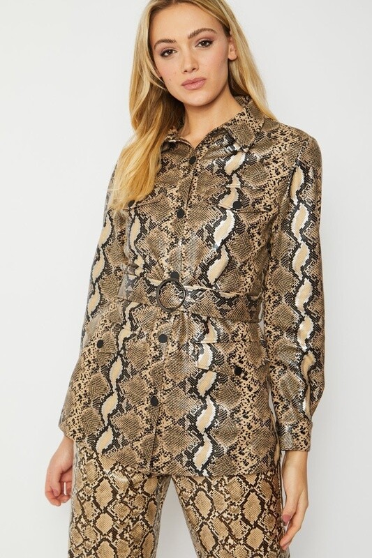 Mocha Faux Suede Snake Print Safari Jacket