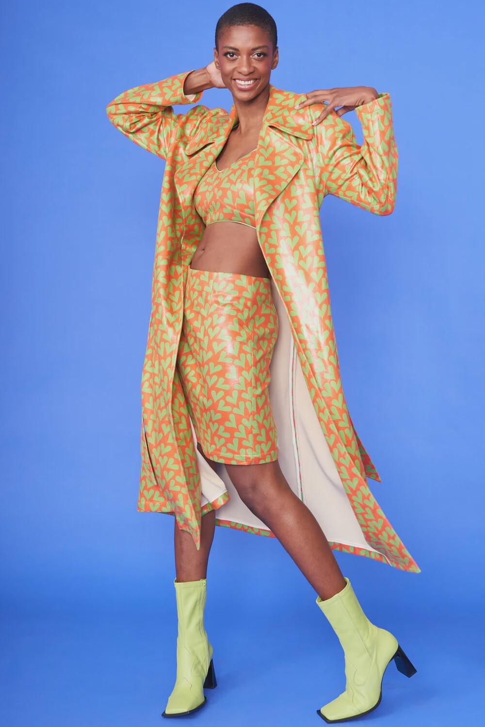 Orange Faux Suede Love Heart Trench Coat