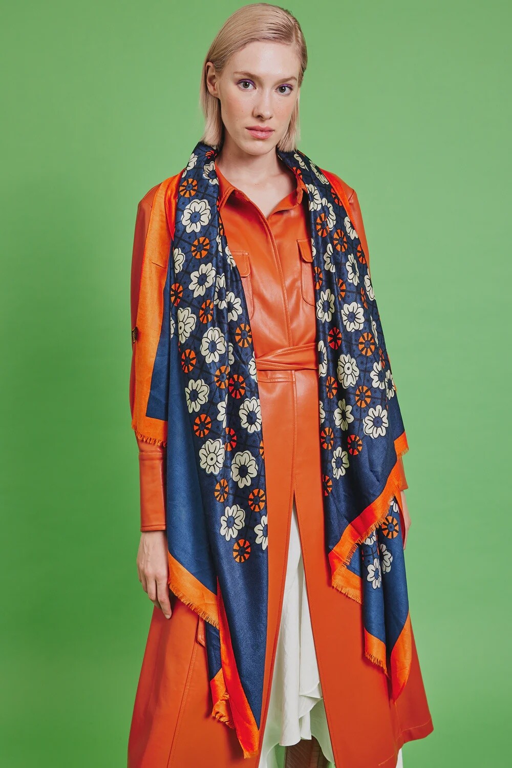 Blue Silk Blend Floral Design Scarf