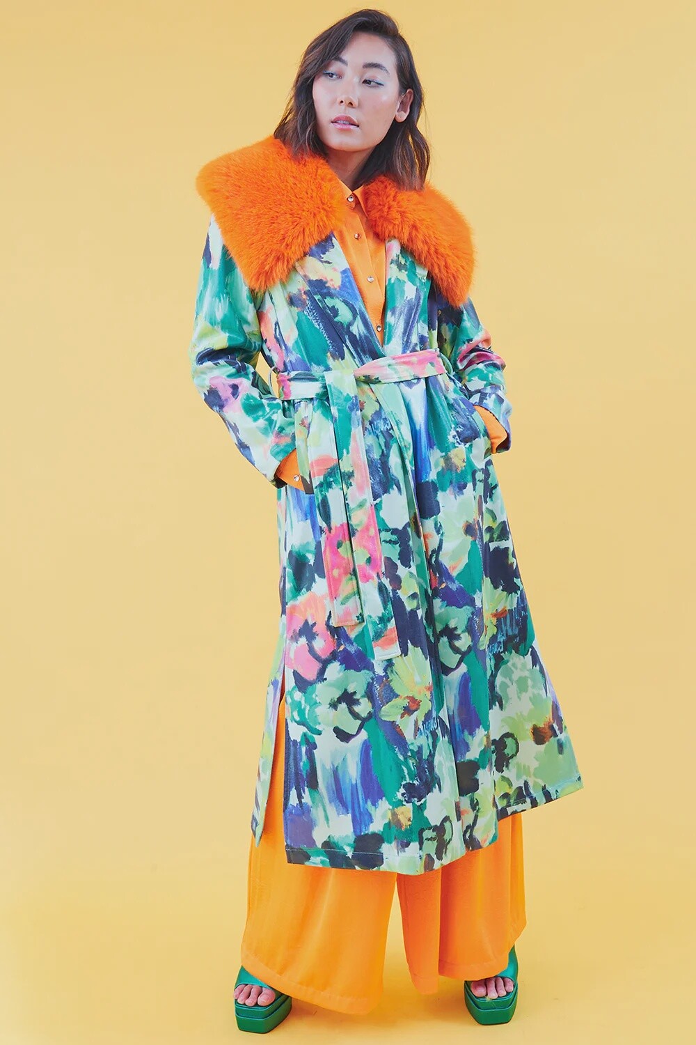 Orange Multi Tencel Blend Eco Leather Trench Coat