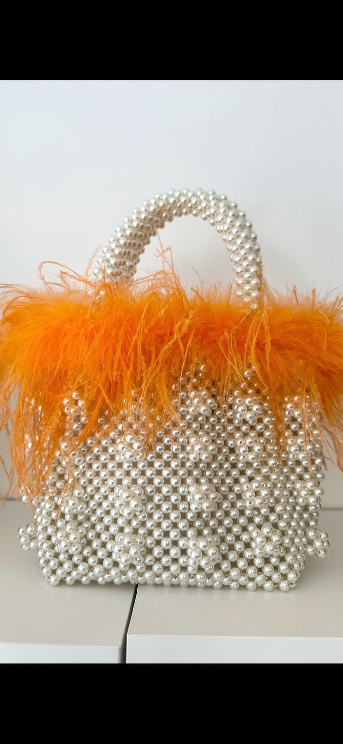 Orange Feather Hand Woven Faux Pearl Bag