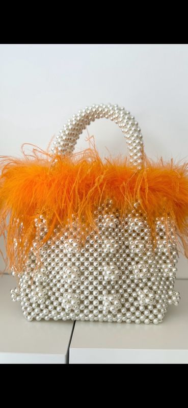 Orange Feather Hand Woven Faux Pearl Bag