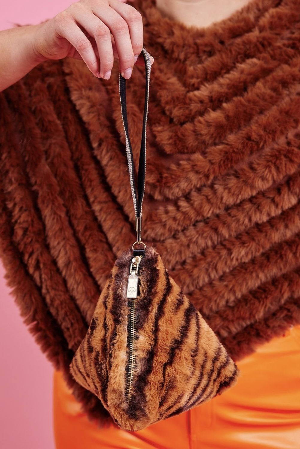 Pale Tiger Print Faux Fur Pyramid Bag