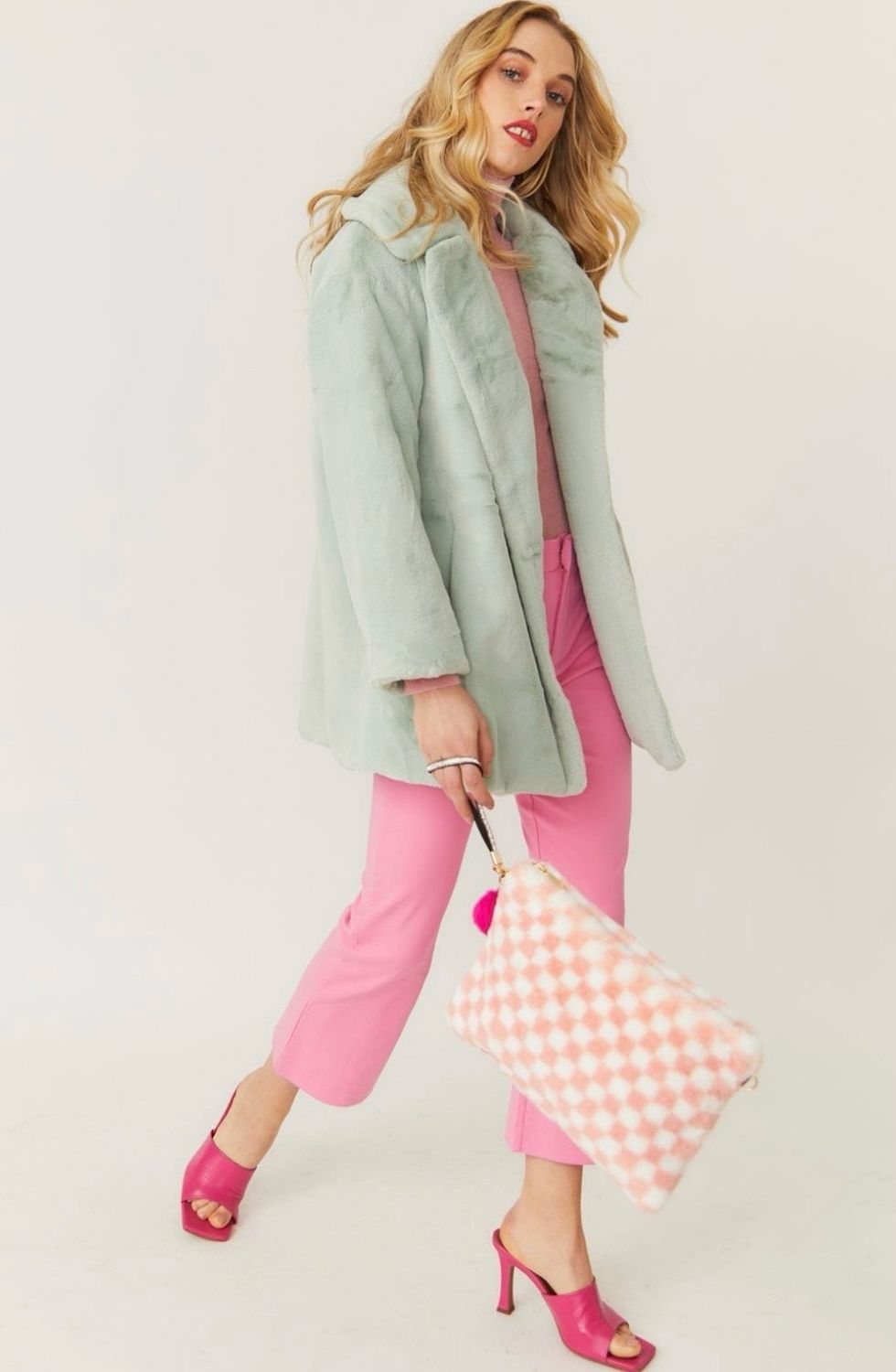 Pink chequered faux fur bag