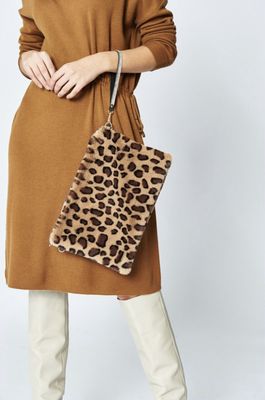 Mocha leopard print faux fur bag