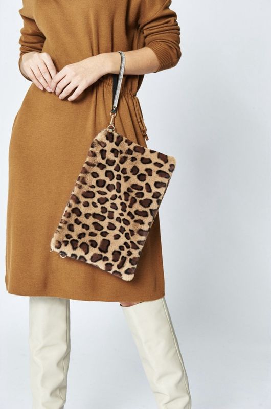 Mocha leopard print faux fur bag