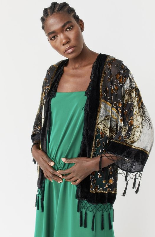 Black animal print silk Devore kimono jacket