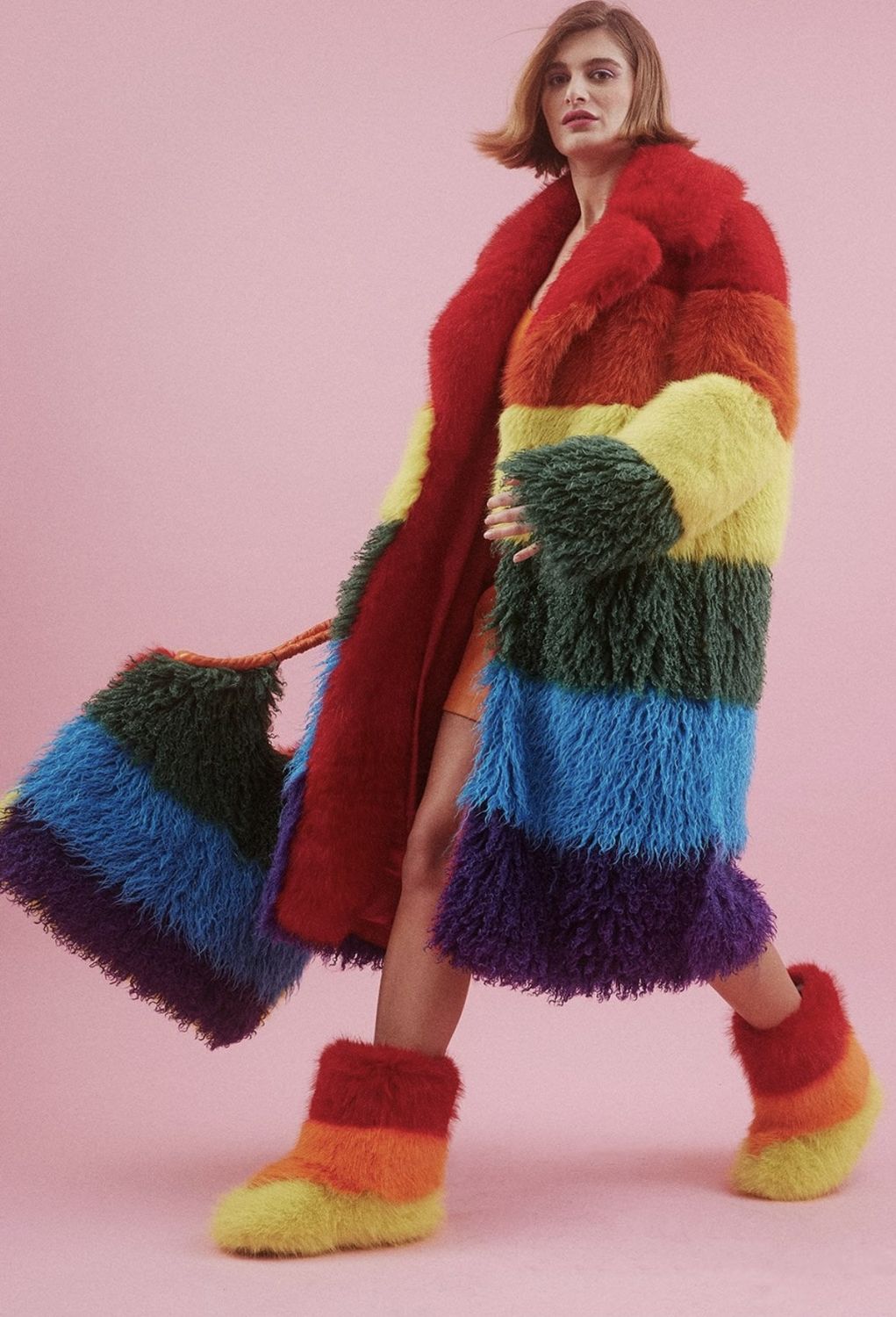 Rainbow faux fur bamboo blend maxi coat