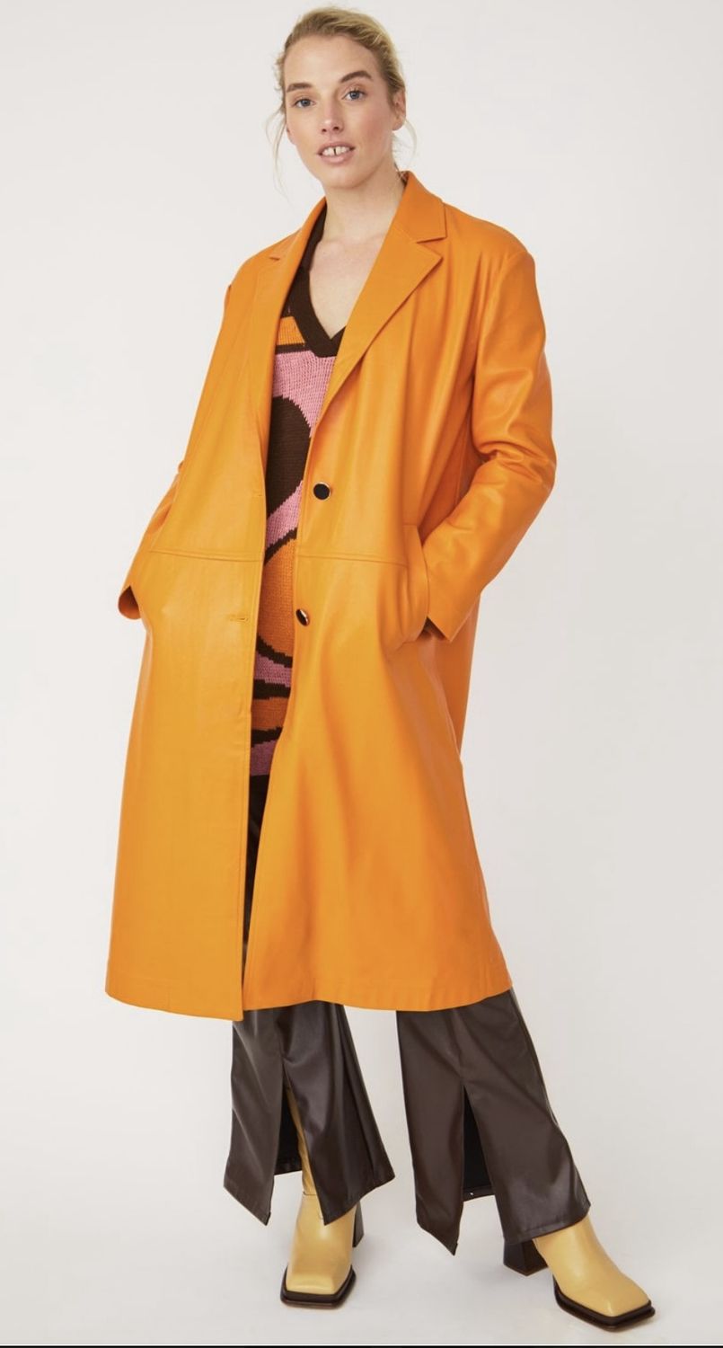 Orange faux suede trench coat