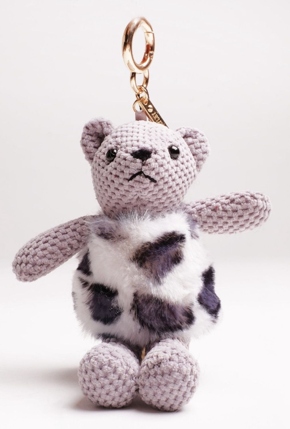 Grey faux fur leopard print teddy keyring